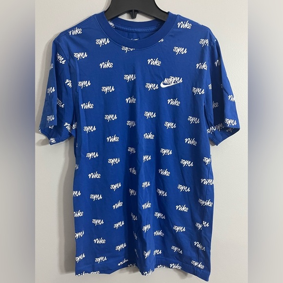 Nike Other - Nike Mens small blue tee short sleeve, white Nike logo all over